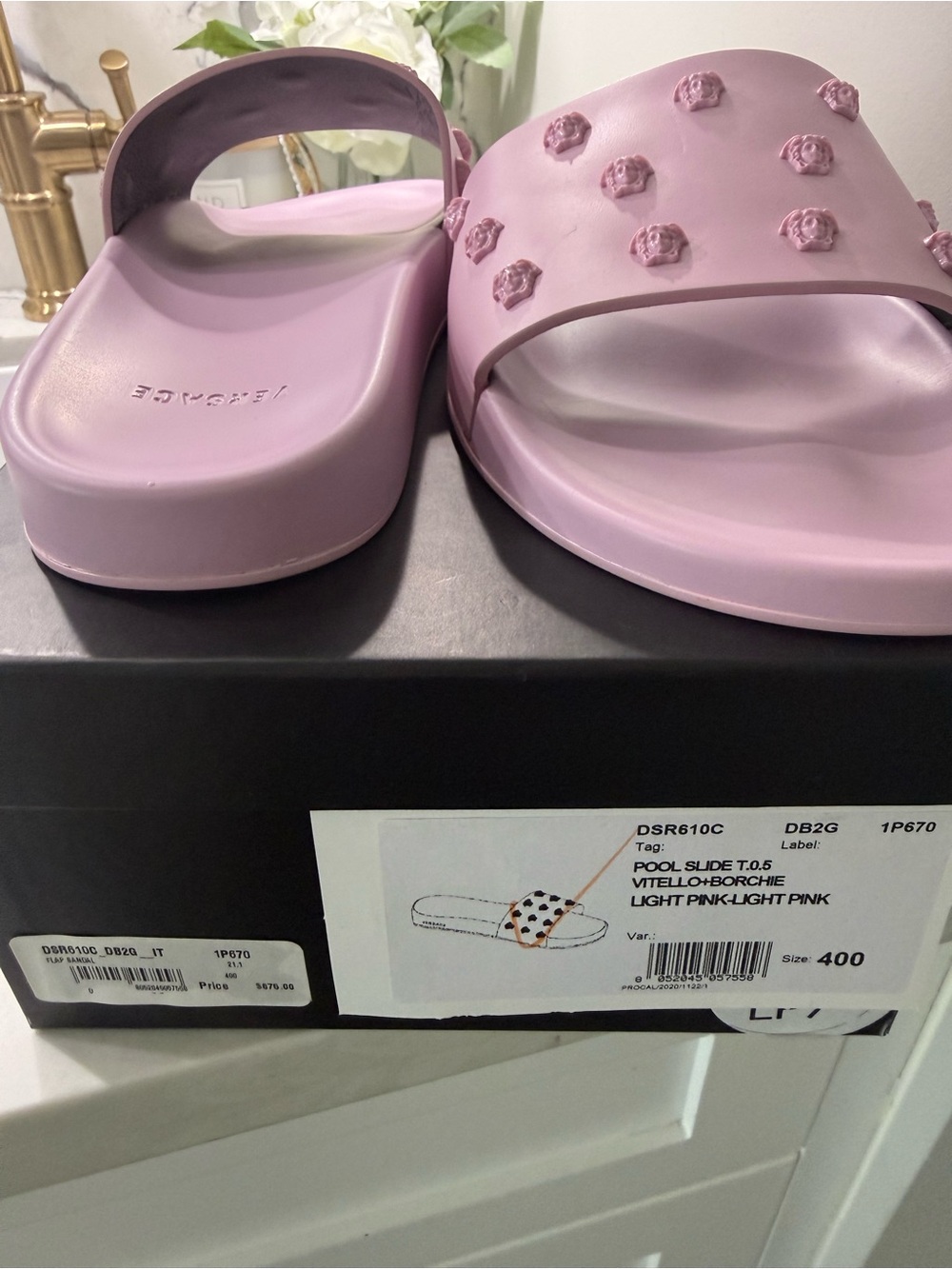 Versace Light Pink Slide Sandals with Medusa Studs